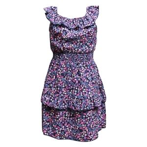 ava & yelly 100% Rayon, Girls Ruffle Neck Smocked Dress, 12, Floral Navy, NWT
